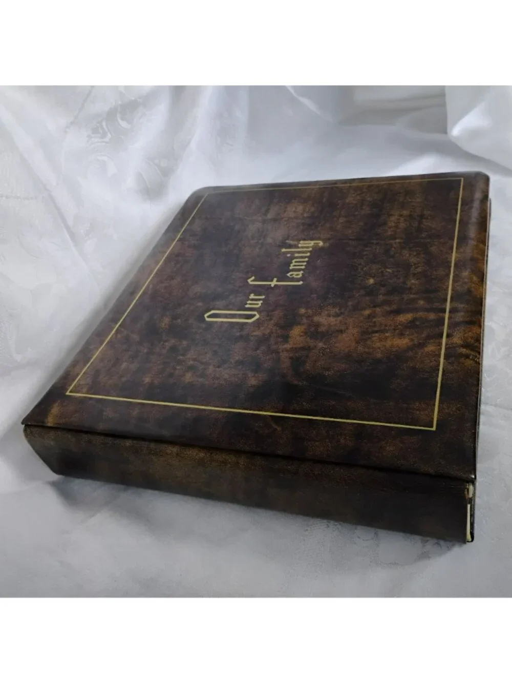 Vintage MCM Our Family Cowhide Leather Photo Album Brass Corners Gold Trim